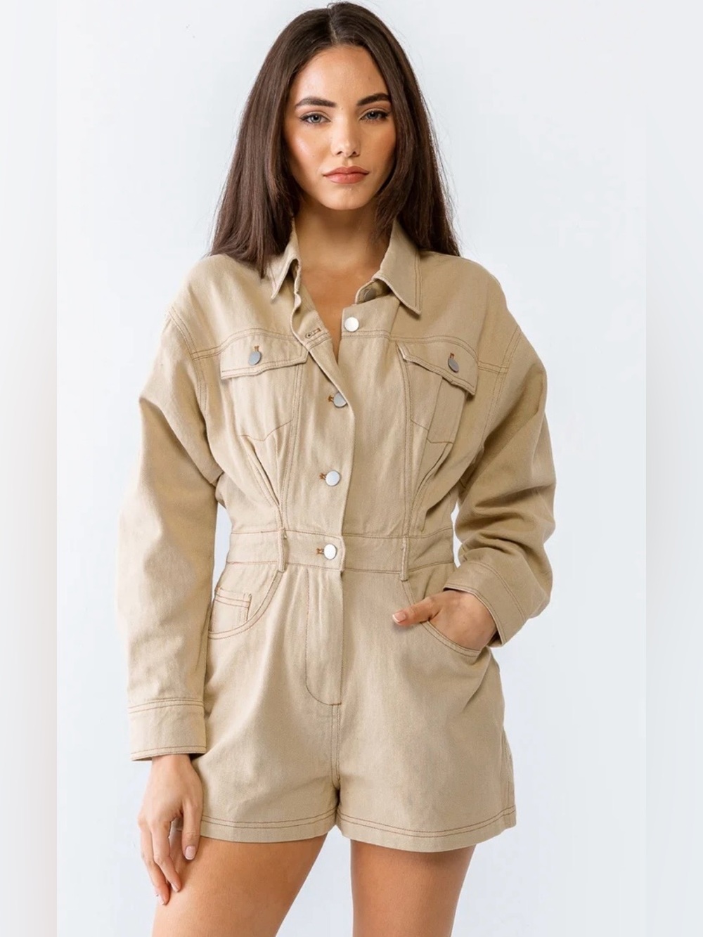 Women’s Le Lis Tan Utility Jean Jacket Romper Size Large